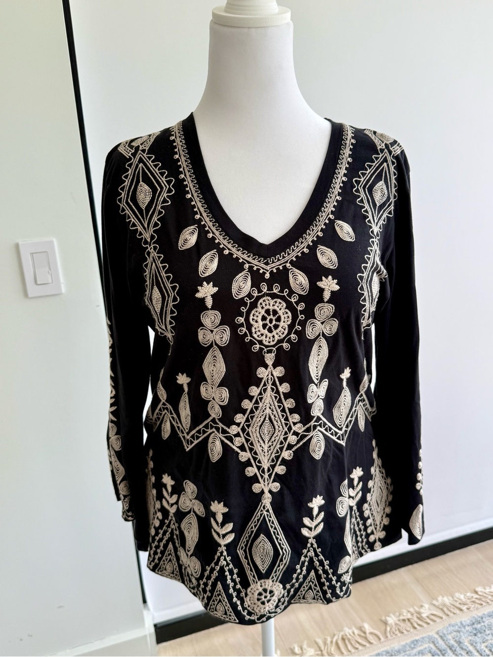 Johnny Was Black Long-Sleeve V-Neck Top with Cream Embroidery